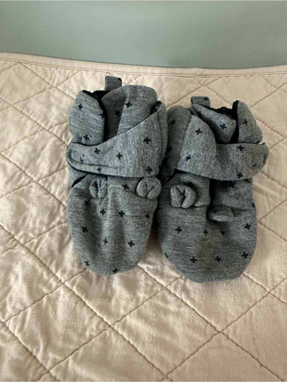 Gray Baby Booties with Black Cross Print 3-6 months